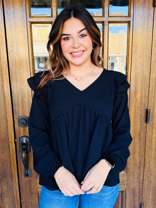 Stars In My Eyes Flutter Long Sleeve Top • Black-Stacey Kluttz-Shop Anchored Bliss Women's Boutique Clothing Store