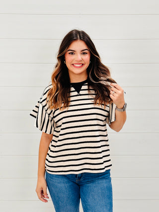 Keep it Chill Ruffle Sleeve Striped Top Black-Very J-Shop Anchored Bliss Women's Boutique Clothing Store