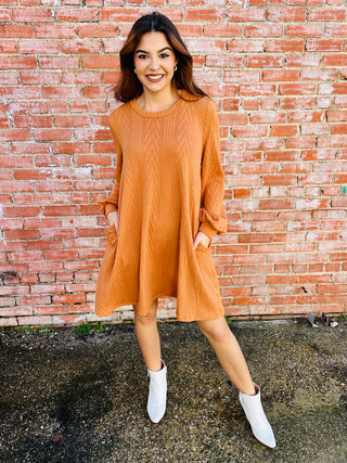 Thinking of You Cable Knit Dress • Camel-Lovely Melody-Shop Anchored Bliss Women's Boutique Clothing Store