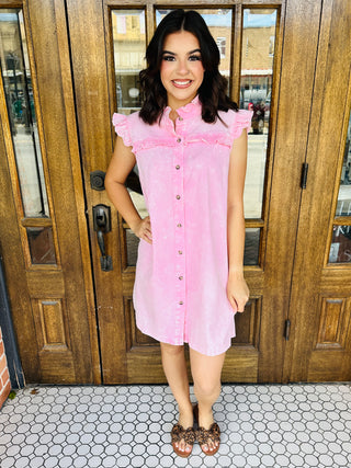 Sweet On You Ruffle Denim Dress • Pink-Bibi-Shop Anchored Bliss Women's Boutique Clothing Store