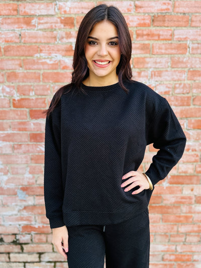 Sweet Wish Textured Sweatershirt Top • Black-See and Be Seen-Shop Anchored Bliss Women's Boutique Clothing Store