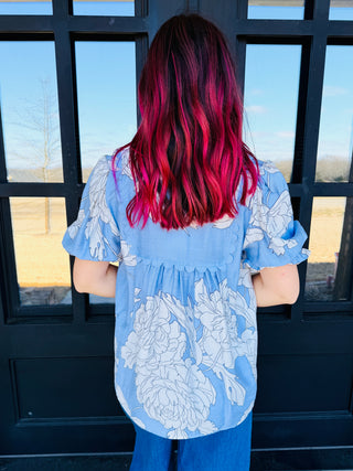 Perfect in Peonies V-Neck Puff Sleeve Top • Blue-Umgee-Shop Anchored Bliss Women's Boutique Clothing Store