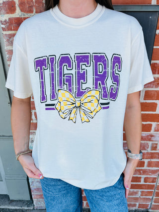 Tigers Block & Bow Graphic Tee • Purple & Yellow-Harps & Oli-Shop Anchored Bliss Women's Boutique Clothing Store