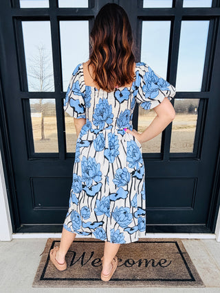 Field of Flowers Puff Sleeve Midi Dress • Soft Blue-She+Sky-Shop Anchored Bliss Women's Boutique Clothing Store