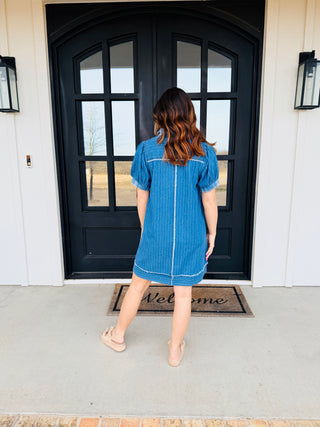 Find and Seek Denim Striped Polo Mini Dress • Dark Wash-Umgee-Shop Anchored Bliss Women's Boutique Clothing Store