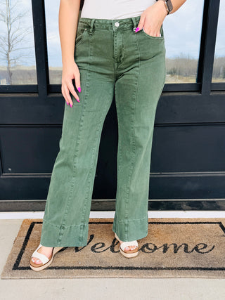 Found Your Way Mid Rise Wide Leg Jeans • Olive-Zenana-Shop Anchored Bliss Women's Boutique Clothing Store