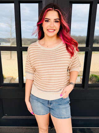 Found Your Way Striped Contrast Hem Sweater Top • Tan-Blu Pepper-Shop Anchored Bliss Women's Boutique Clothing Store