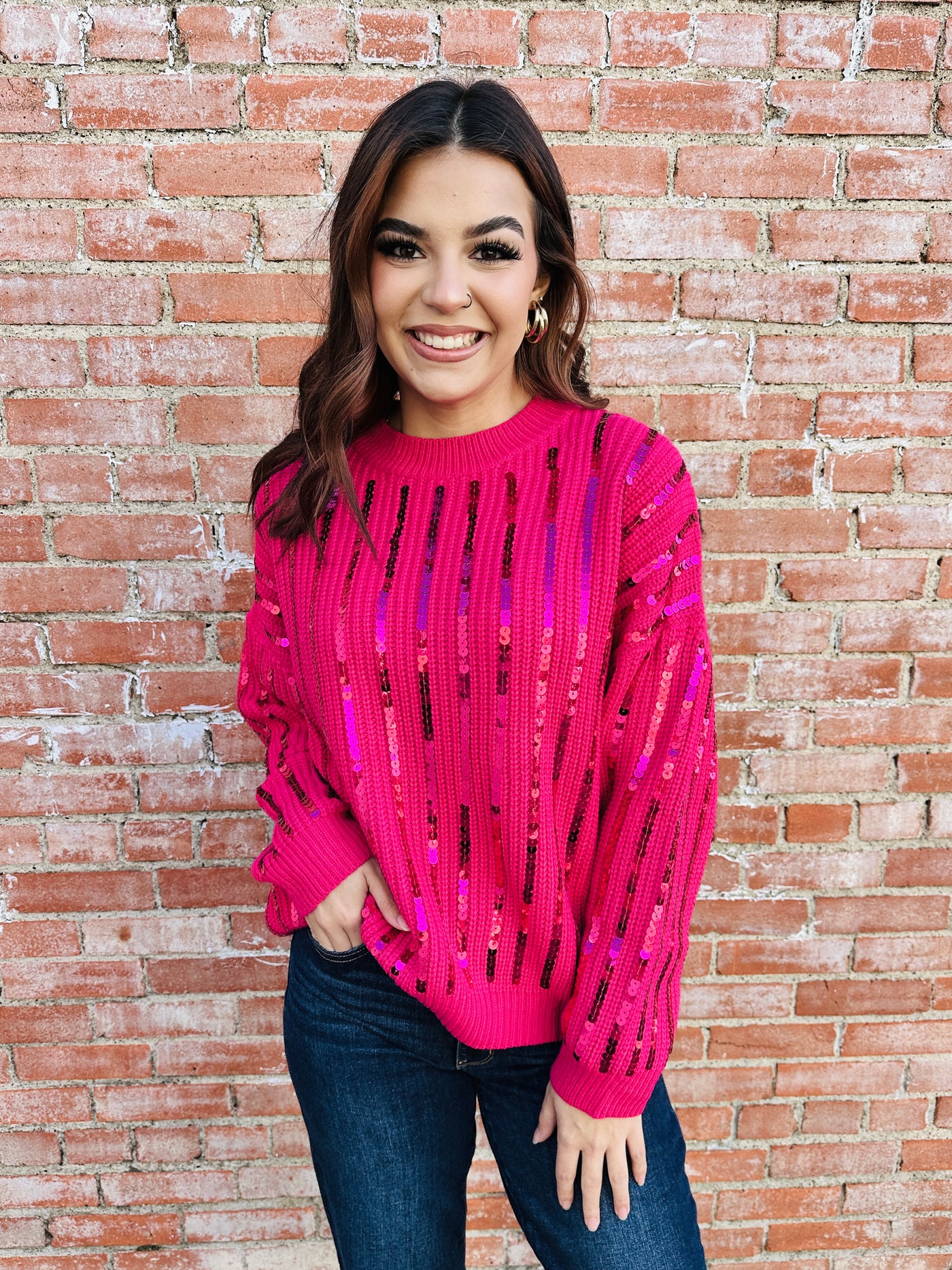 Listen to Your Heart Sequin Sweater • Fuchsia-She+Sky-Shop Anchored Bliss Women's Boutique Clothing Store