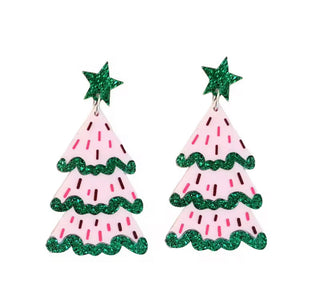 Festive Pink Christmas Tree Acrylic Earrings-Brittany Carl-Shop Anchored Bliss Women's Boutique Clothing Store