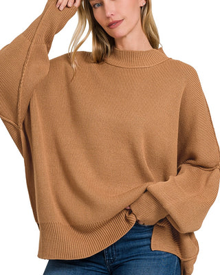 Cozy On Repeat Side Slit Oversized Sweater • Camel Brown-Zenana-Shop Anchored Bliss Women's Boutique Clothing Store