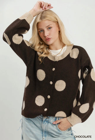 Mocha Dots Button Down Knit Cardigan • Chocolate-Stacey Kluttz-Shop Anchored Bliss Women's Boutique Clothing Store