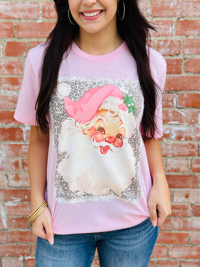 Soft Pink Leopard Santa Graphic Tee-Harps & Oli-Shop Anchored Bliss Women's Boutique Clothing Store