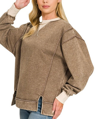 Cozy All Day Acid Washed Contrast Trim Pullover • Mocha-Zenana-Shop Anchored Bliss Women's Boutique Clothing Store