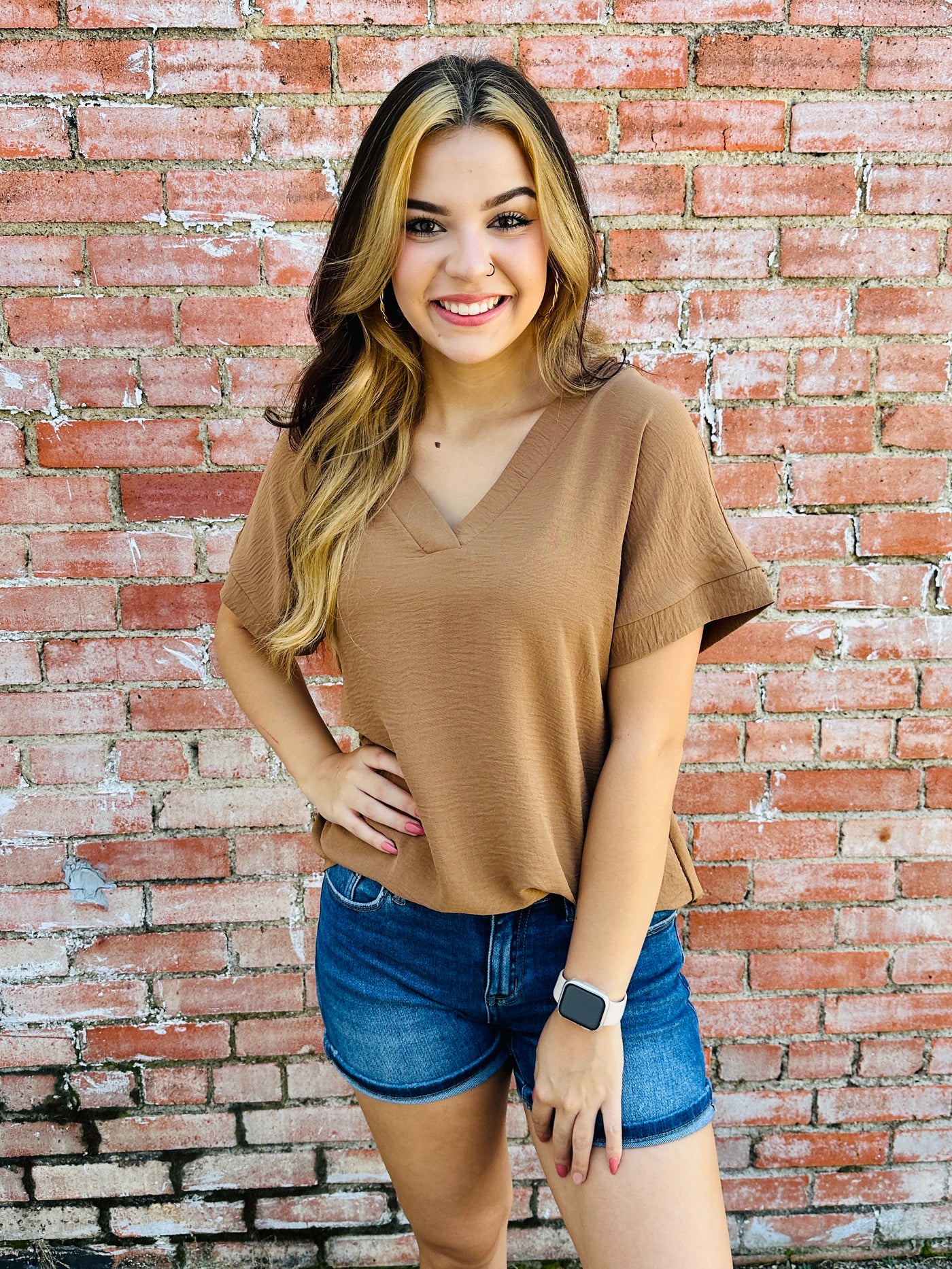 Chasing Dreams V-Neck Top • Camel-Zenana-Shop Anchored Bliss Women's Boutique Clothing Store