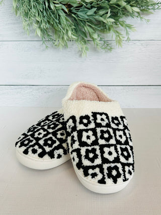 Checkered Daisy Fuzzy Slippers-DMC-Shop Anchored Bliss Women's Boutique Clothing Store