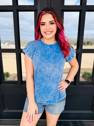 Calling My Name Acid Washed Cap Sleeve Top • Blue-Zenana-Shop Anchored Bliss Women's Boutique Clothing Store
