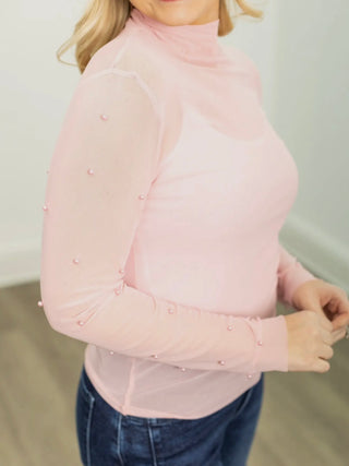Pop of Pearls Mock Neck Mesh Top • Pink-Grace + Emma-Shop Anchored Bliss Women's Boutique Clothing Store