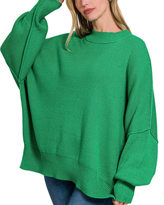 Cozy On Repeat Side Slit Oversized Sweater • Kelly Green-Zenana-Shop Anchored Bliss Women's Boutique Clothing Store