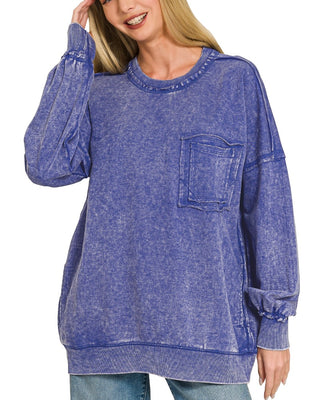 Everythings Going My Way Acid Wash Pocket Pullover • Deep Blue-Zenana-Shop Anchored Bliss Women's Boutique Clothing Store