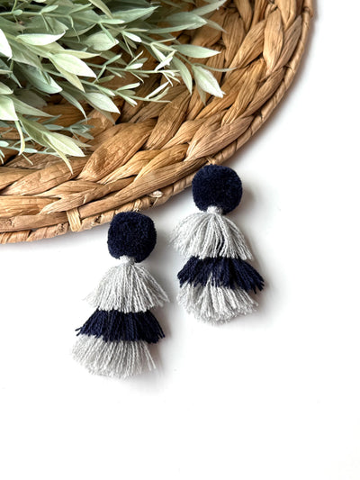 Tailgate Party Pom Earrings • Navy & Grey-DMC-Shop Anchored Bliss Women's Boutique Clothing Store