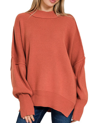 Cozy On Repeat Side Slit Oversized Sweater • Rust-Zenana-Shop Anchored Bliss Women's Boutique Clothing Store