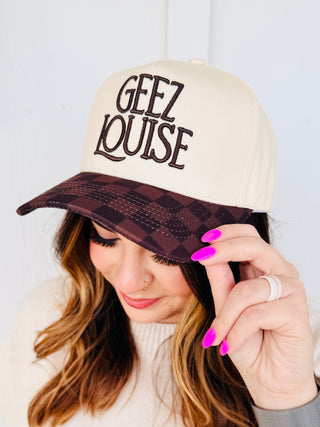 Geez Louise Embroidered Brown Checkered Hat-Hart & Hollow-Shop Anchored Bliss Women's Boutique Clothing Store