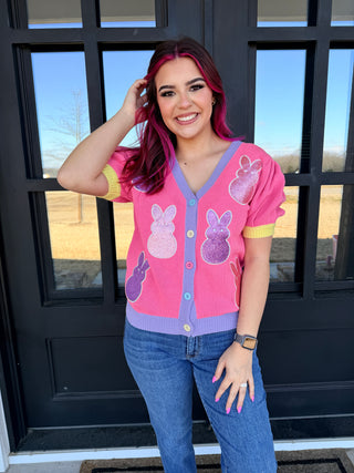 Glittered Bunny Puff Sleeve Cardigan Top • Pink-Grace + Emma-Shop Anchored Bliss Women's Boutique Clothing Store