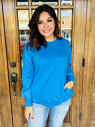 Go Easy on Me Acid Washed Hi Low Pullover • Ocean Blue-Zenana-Shop Anchored Bliss Women's Boutique Clothing Store