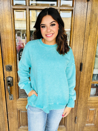 Go Easy on Me Acid Washed Hi Low Pullover • Turquoise-Zenana-Shop Anchored Bliss Women's Boutique Clothing Store