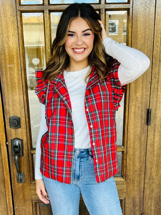 Got a Feeling Plaid Ruffle Sleeve Vest • Red-Top it Off-Shop Anchored Bliss Women's Boutique Clothing Store