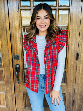 Got a Feeling Plaid Ruffle Sleeve Vest • Red-Top it Off-Shop Anchored Bliss Women's Boutique Clothing Store