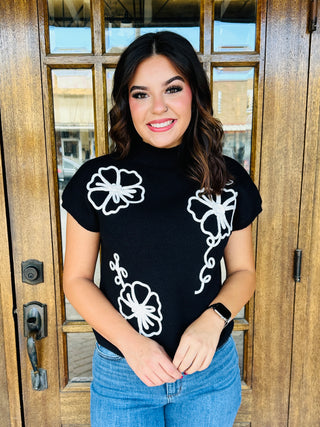 Gotta Have It Mock Neck Floral Trim Top • Black-Blu Pepper-Shop Anchored Bliss Women's Boutique Clothing Store