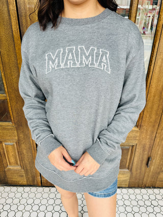 Mama Curved Block Embroidered Crew Neck Graphic Sweatshirt • Heather Grey-Harps & Oli-Shop Anchored Bliss Women's Boutique Clothing Store
