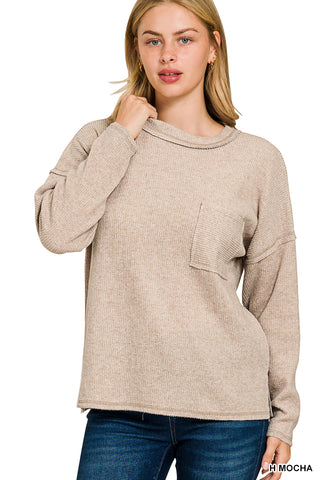 Belong Together Ribbed Top with Pocket • Heather Mocha-Zenana-Shop Anchored Bliss Women's Boutique Clothing Store