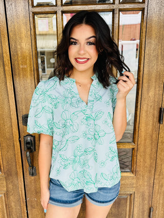 Happiest Here Embroidered Puff Sleeve Top • Green-Umgee-Shop Anchored Bliss Women's Boutique Clothing Store