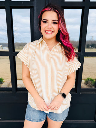 Have It Your Way Striped Button Down Top • Tan-Umgee-Shop Anchored Bliss Women's Boutique Clothing Store