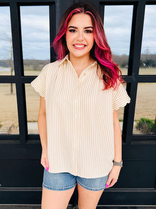Have It Your Way Striped Button Down Top • Tan-Umgee-Shop Anchored Bliss Women's Boutique Clothing Store