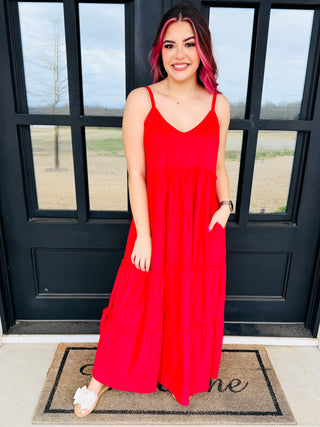 Hooked On You V-Neck Maxi Dress • Red-Zenana-Shop Anchored Bliss Women's Boutique Clothing Store