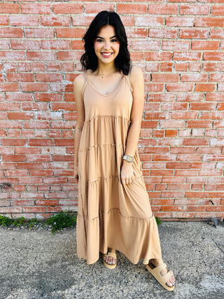 Hooked On You V-Neck Tiered Maxi Dress • Camel-Zenana-Shop Anchored Bliss Women's Boutique Clothing Store