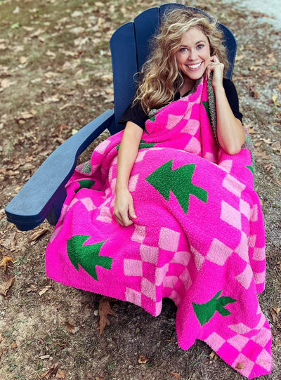 PRE ORDER Pink Christmas Tree Checkered Blanket-BABE Wholesale-Shop Anchored Bliss Women's Boutique Clothing Store