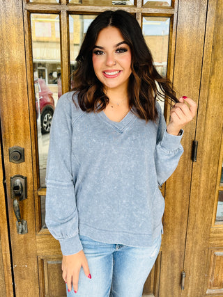 Imagine That Mineral Washed V-Neck Top • Blue-Blu Pepper-Shop Anchored Bliss Women's Boutique Clothing Store