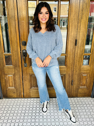 Imagine That Mineral Washed V-Neck Top • Blue-Blu Pepper-Shop Anchored Bliss Women's Boutique Clothing Store