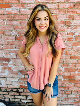 In My Element Roll Sleeve Button Down Top • Dusty Peach-Blu Pepper-Shop Anchored Bliss Women's Boutique Clothing Store