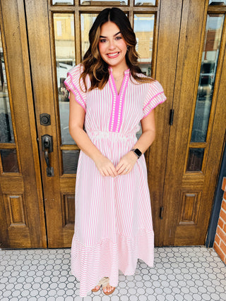 In Your Dreams Striped Flutter Sleeve Midi Dress • Pink-Umgee-Shop Anchored Bliss Women's Boutique Clothing Store
