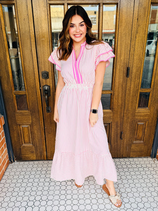 In Your Dreams Striped Flutter Sleeve Midi Dress • Pink-Umgee-Shop Anchored Bliss Women's Boutique Clothing Store