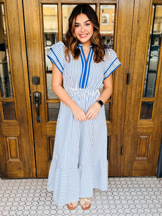 In Your Dreams Striped Flutter Sleeve Midi Dress • Blue-Umgee-Shop Anchored Bliss Women's Boutique Clothing Store