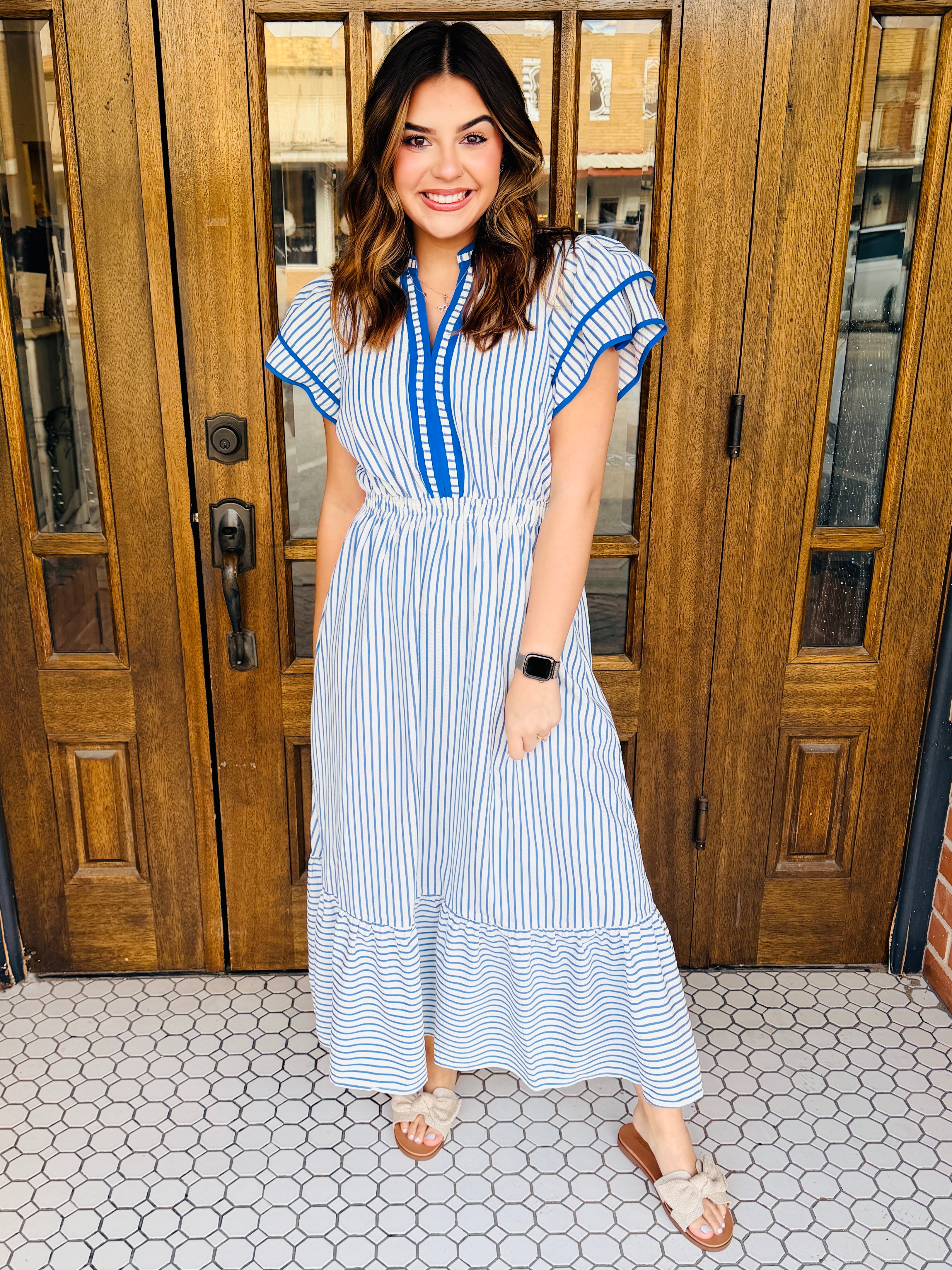 In Your Dreams Striped Flutter Sleeve Midi Dress | Anchored Bliss Boutique Royse City TX In Your Dreams Striped Flutter Sleeve Midi Dress | Anchored Bliss Boutique Royse City TX