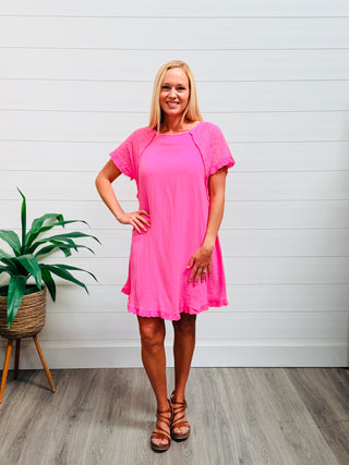 In the Right Place Gauze & Eyelet Mini Dress • Pink-Umgee-Shop Anchored Bliss Women's Boutique Clothing Store