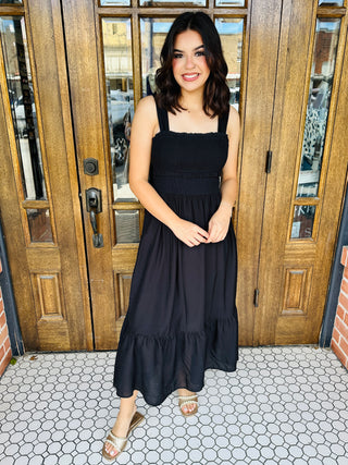 Into The Night Smocked Midi Dress • Black-Blu Pepper-Shop Anchored Bliss Women's Boutique Clothing Store