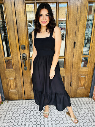 Into The Night Smocked Midi Dress • Black-Blu Pepper-Shop Anchored Bliss Women's Boutique Clothing Store